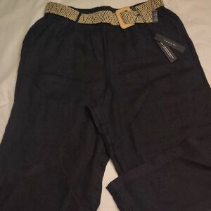 Tahari Luxe Linen Wide Leg Black Pants Large NWT